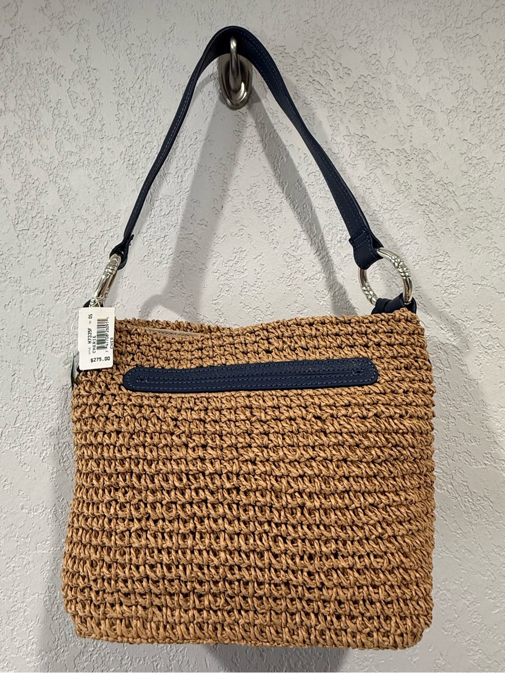 Brighton - Straw Woven Shoulder Bag with Navy Trim and Heart Charm - Picture 7 of 8